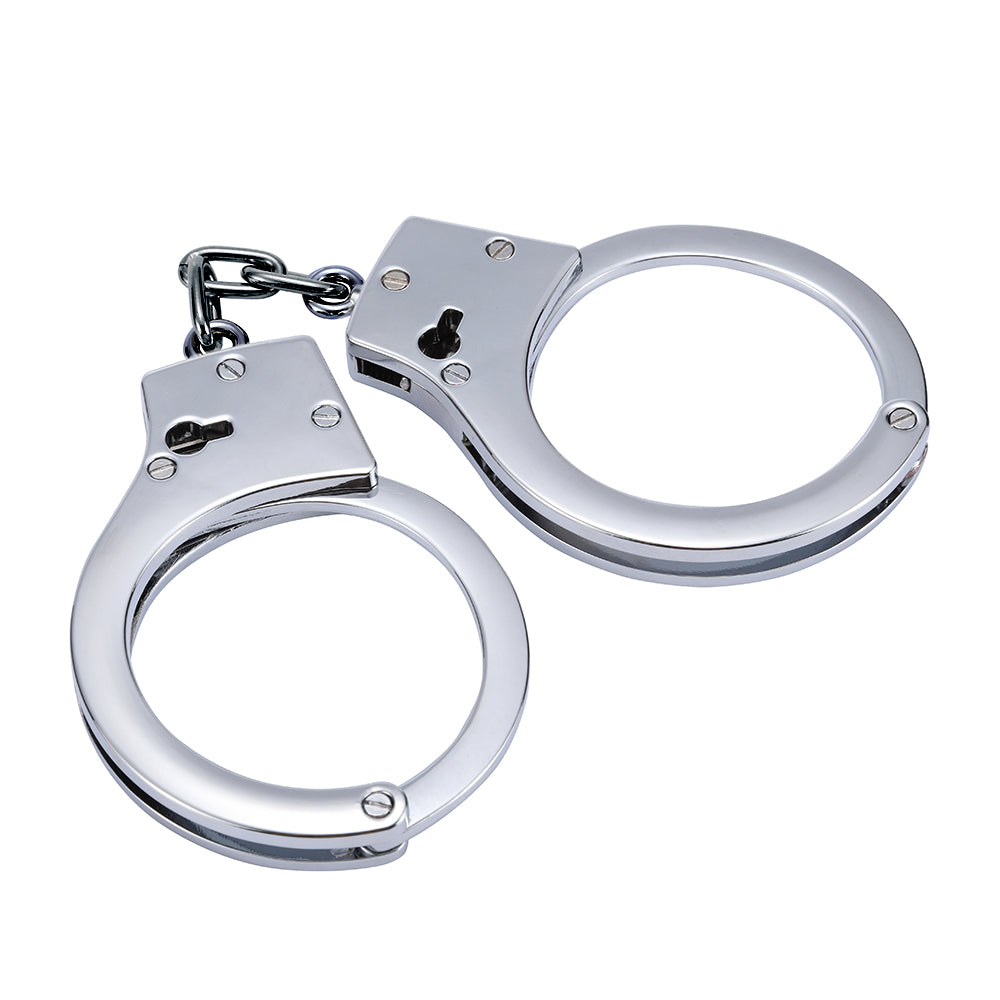 Silver stainless steel handcuffs with safety release and keys, designed for BDSM play, featuring a sleek and durable design.