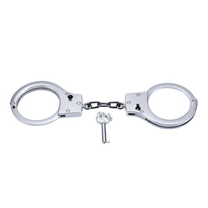 Silver stainless steel handcuffs with safety release and keys, designed for BDSM play, featuring a sleek and durable design.