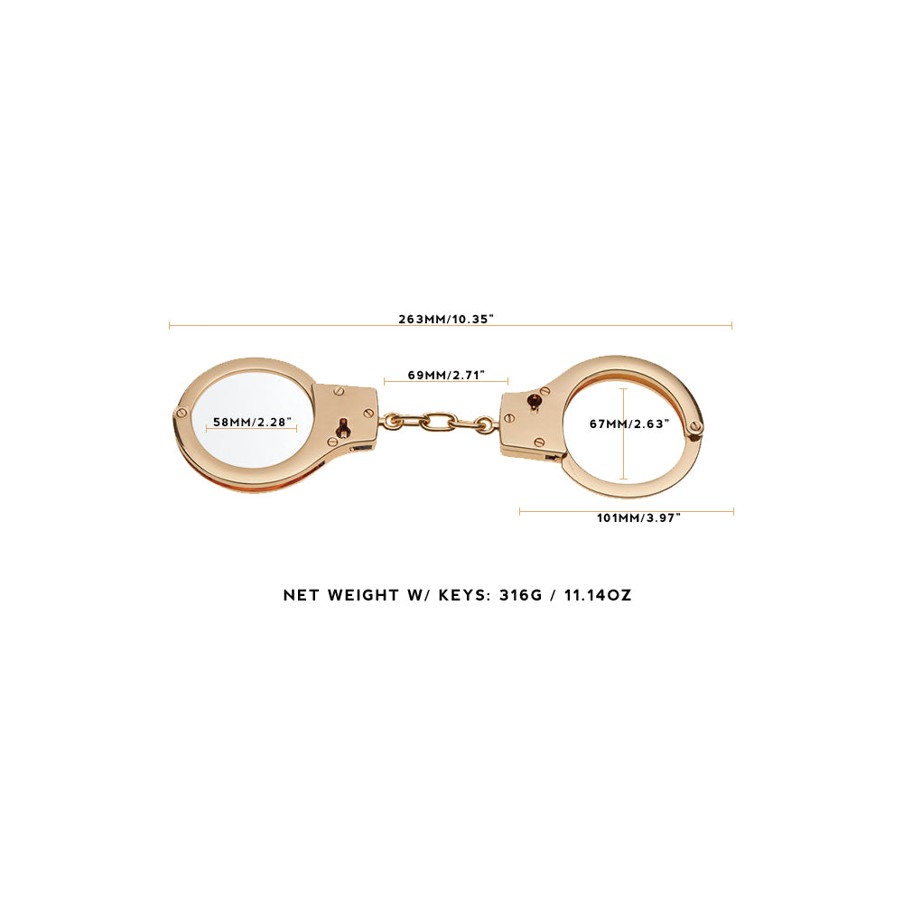 Gold stainless steel handcuffs with safety release and keys, designed for BDSM play, featuring a sleek and durable design.