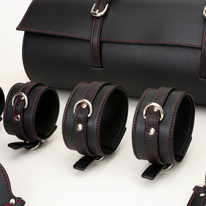 The Roll Up BDSM Tool Bag Set, 12-Piece Collection with Collar, Cuffs, Leash, Ball Gag, Blindfold, and Spanking Paddle.