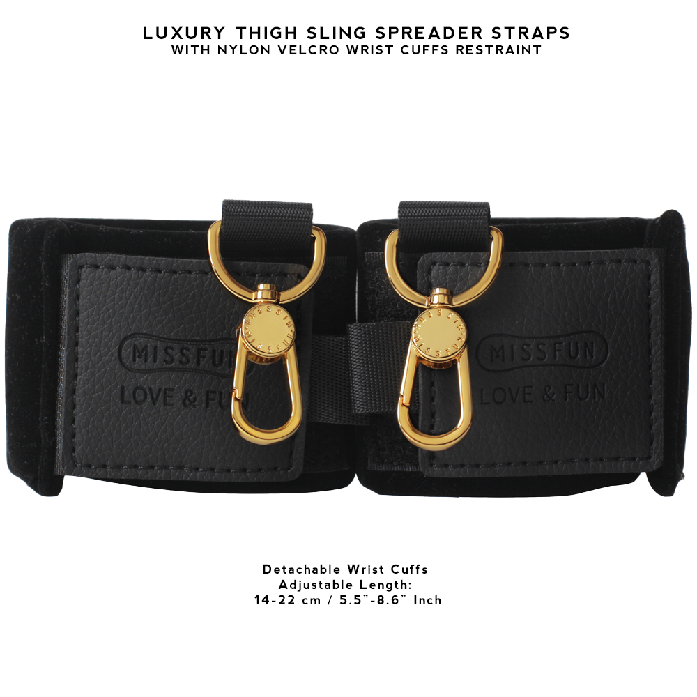 Luxury BDSM Thigh Sling Spreader Straps with wrist cuffs, designed for comfortable and secure restraint during bondage play.