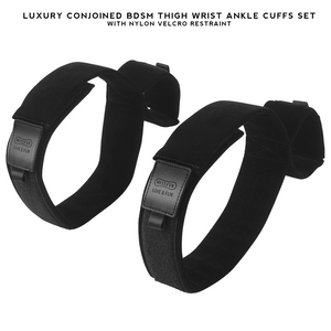 Luxury Conjoined Thigh Wrist Ankle Cuffs Set in black, designed for secure and comfortable restraint during BDSM play.