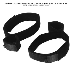 Luxury Conjoined Thigh Wrist Ankle Cuffs Set in black, designed for secure and comfortable restraint during BDSM play.