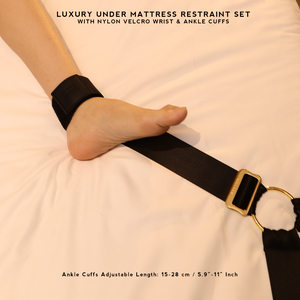 Luxury BDSM Under Mattress Restraint Set with black nylon straps and golden hardware, designed for full-body restraint play on any bed.