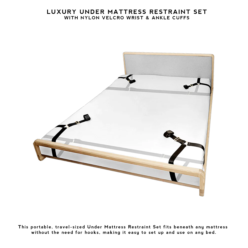 Luxury BDSM Under Mattress Restraint Set with black nylon straps and golden hardware, designed for full-body restraint play on any bed.