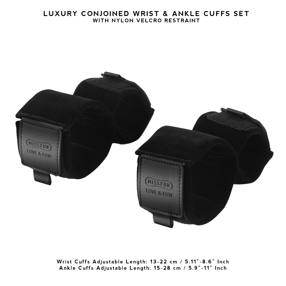 Luxury Conjoined Wrist Ankle Cuffs Set in black, designed for secure and comfortable restraint during BDSM play.