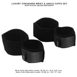 Luxury Conjoined Wrist Ankle Cuffs Set in black, designed for secure and comfortable restraint during BDSM play.