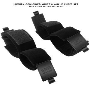 Luxury Conjoined Wrist Ankle Cuffs Set in black, designed for secure and comfortable restraint during BDSM play.