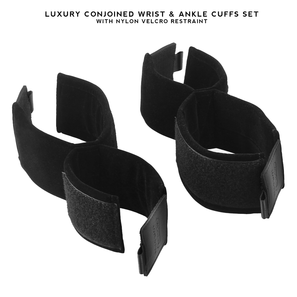 Luxury Conjoined Wrist Ankle Cuffs Set in black, designed for secure and comfortable restraint during BDSM play.