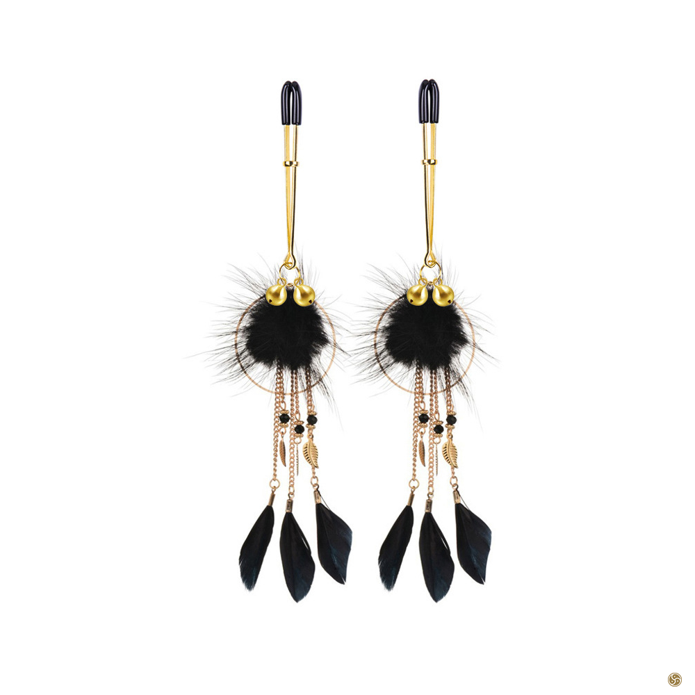 Boho Feather Nipple Clamps with Small Brass Bells