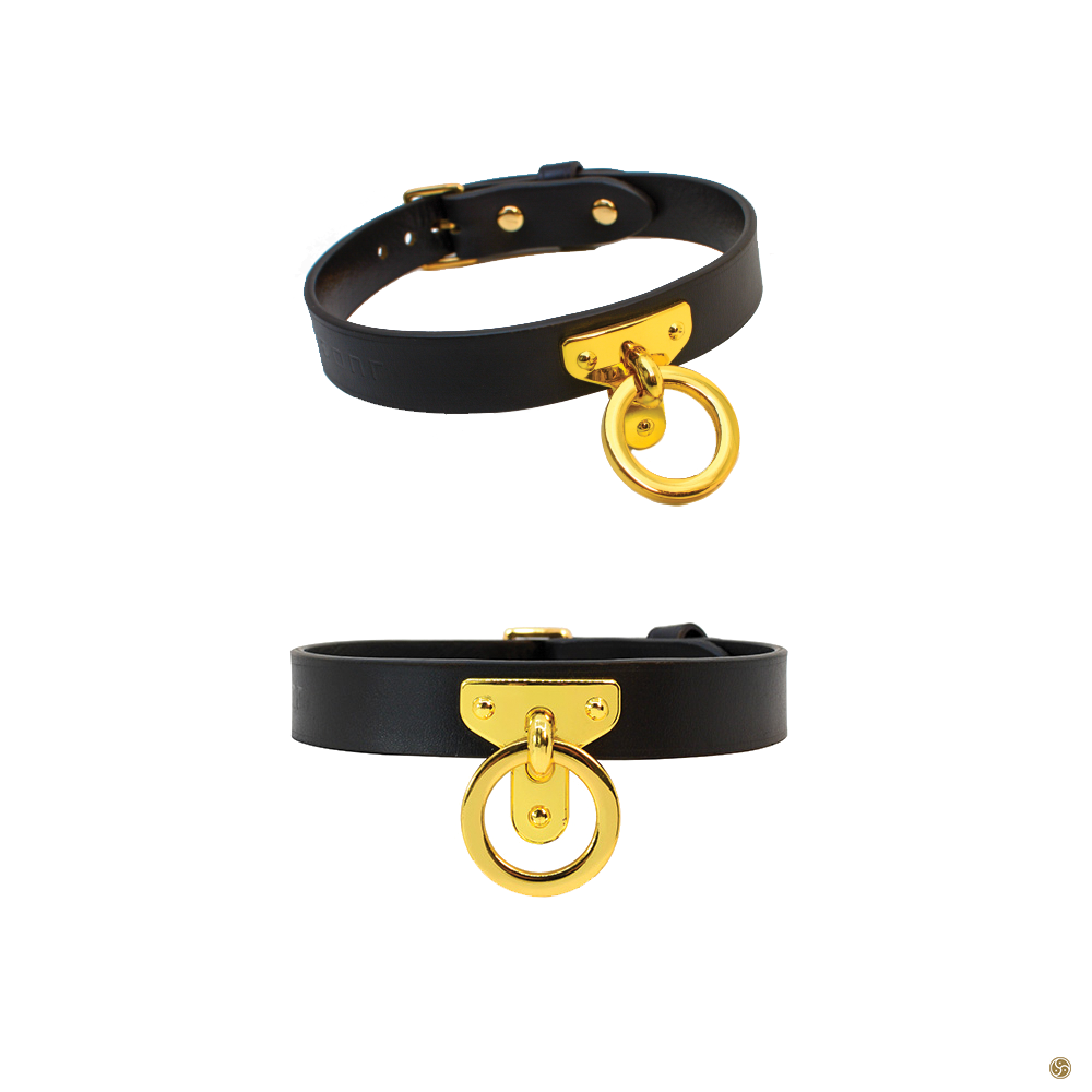 BDSM Golden O-Ring Leather Collar with Leash