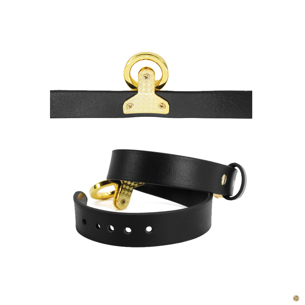 BDSM Golden O-Ring Leather Collar with Leash